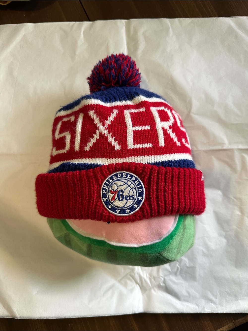 Philly 76ers Red Blue Pom Beanie - SIXERS Knit Hat with embroidered patch